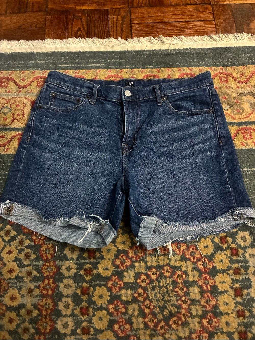GAP Women's Dark Blue Denim Rolled Frayed Hem Shorts